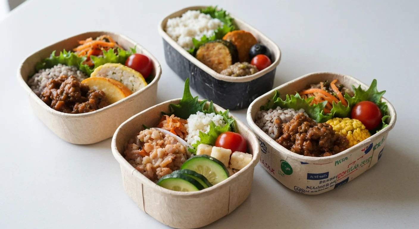 店頭の棚に手作り弁当が整然と並ぶ昼前の陳列風景