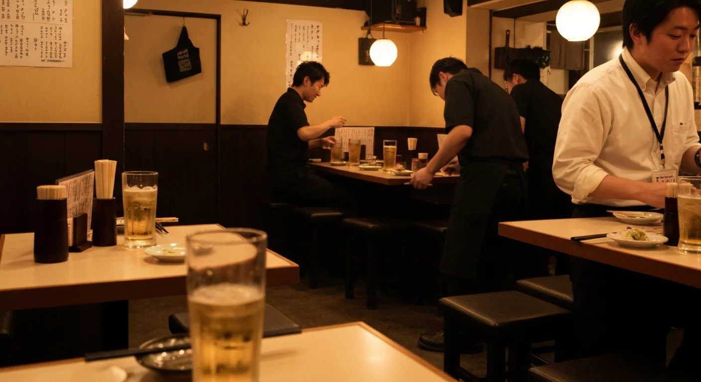 木のカウンターとテーブル席が落ち着いて並ぶ夜の客席